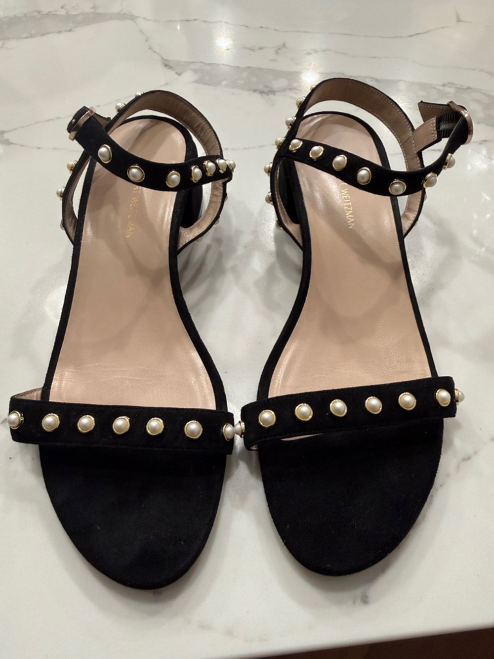 Stuart Weitzman Tibby 35 Faux Pearl Embellished Suede Sandals Sz 9 Black Bridal